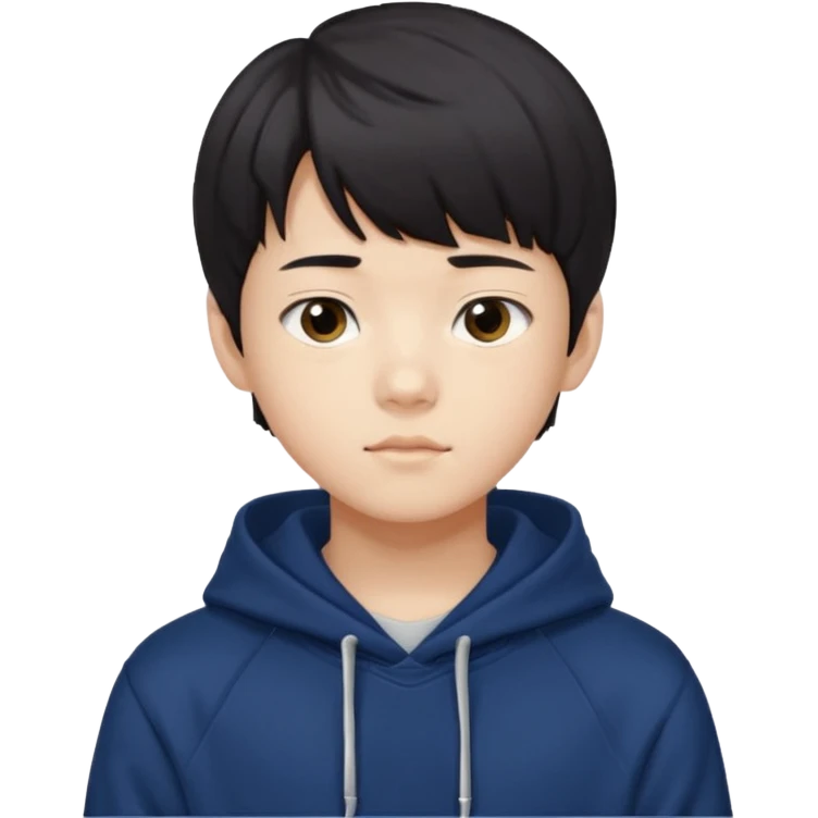 스트레이키즈 필릭스를 닮은 흑발에 앞머리를 덮은 잘생긴 14세 한국소년/ 옷 색깔은 남색 후드티 emoji