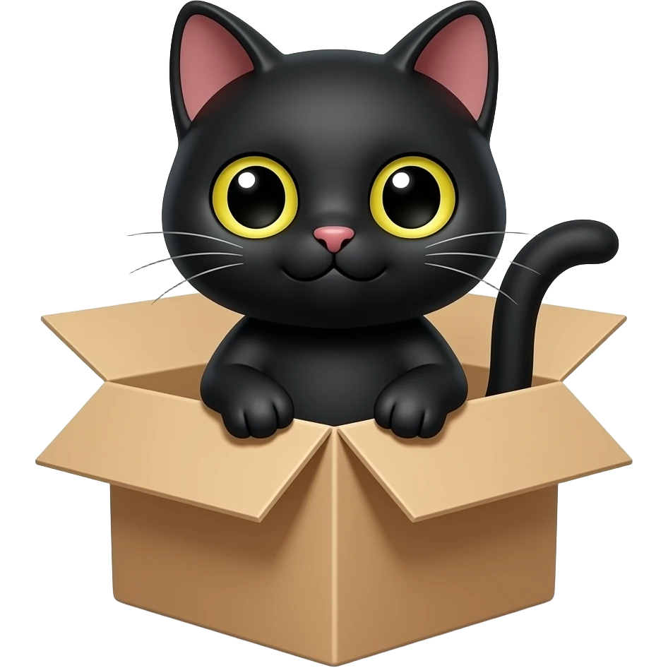 Gato preto fofinho numa caixa fofinha emoji
