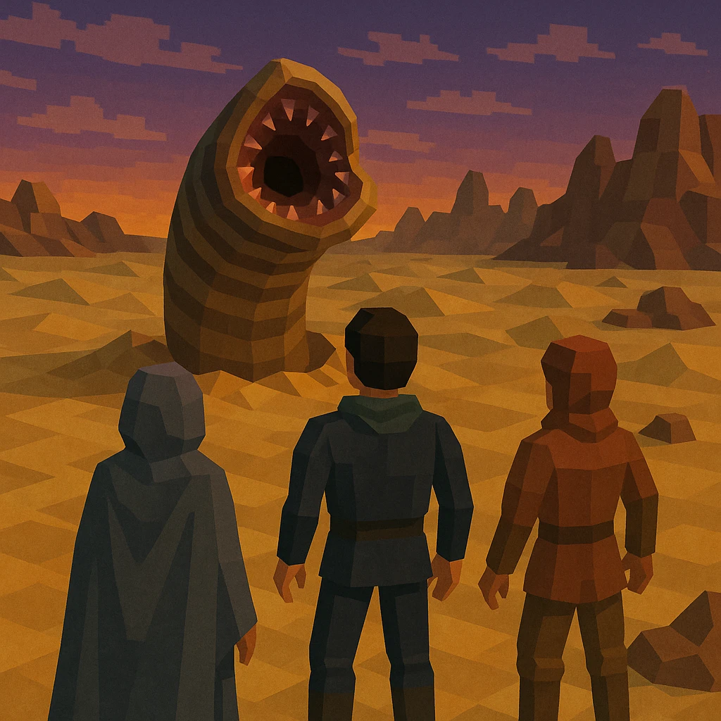 Arrakis planet from Dune, sandworm emerging from the sand in the midground, three figures in the foreground, rocky formations in the distance, dusk sky, in a low poly 3D style emoji