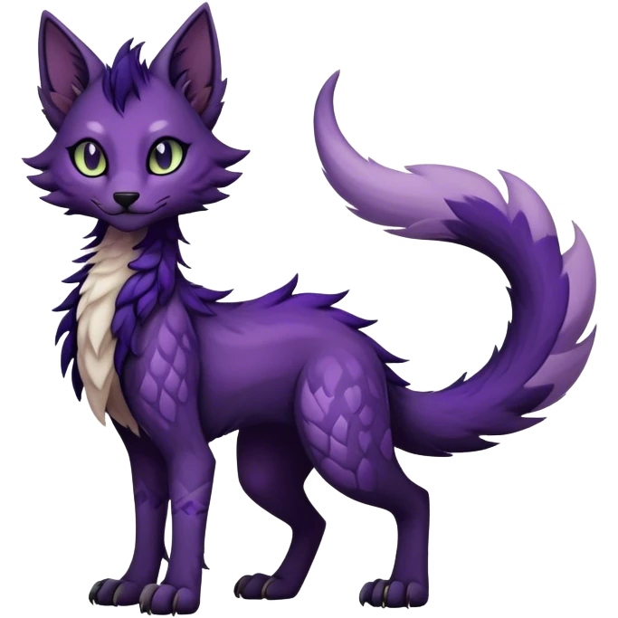 Kawaii dark purplish blackish edgy fantasy ethereal feline-vernid-sergal-fursona animal creature with a tufted tail full body with intricate markings  emoji