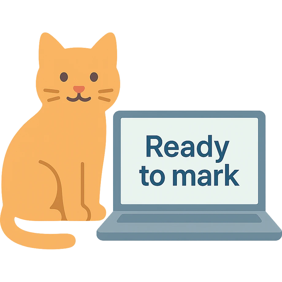 A cat sitting next to a computer with the inscription 'Ready to mark' emoji