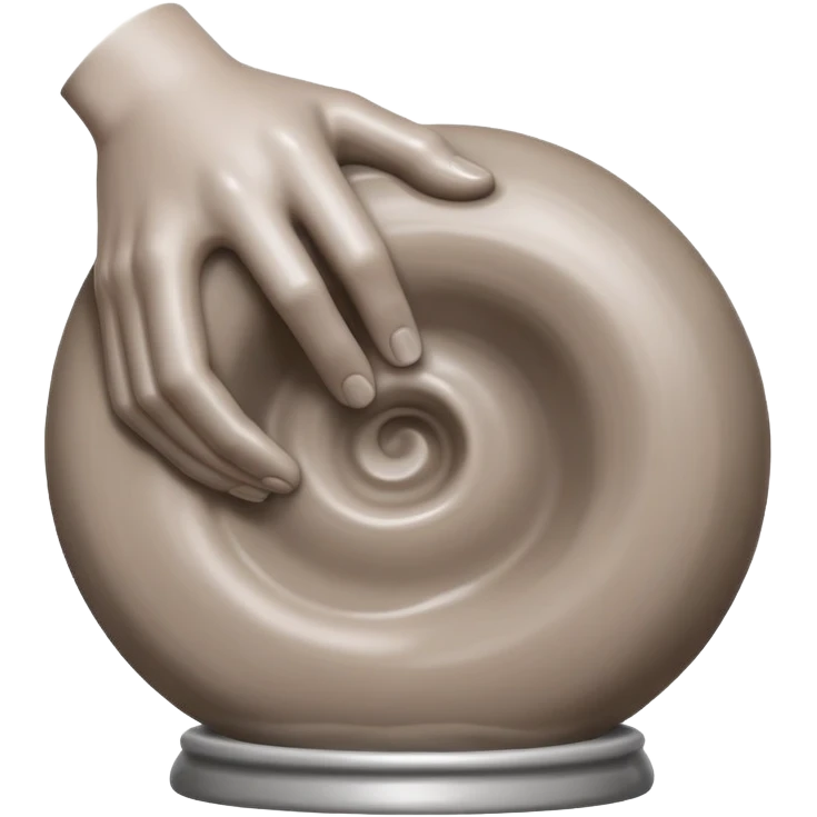 one hand hugging on the right side of a blob of clay on a silver pottery wheel emoji