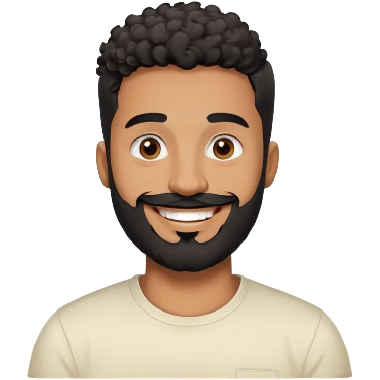 Man in his 30s with medium brown skin. Round face with friendly expression. Dark eyes with cheerful look. Thick eyebrows. Wide nose. Full black beard, well-trimmed. Short curly black hair with fade cut. Wearing a cream t-shirt. Big smile. emoji