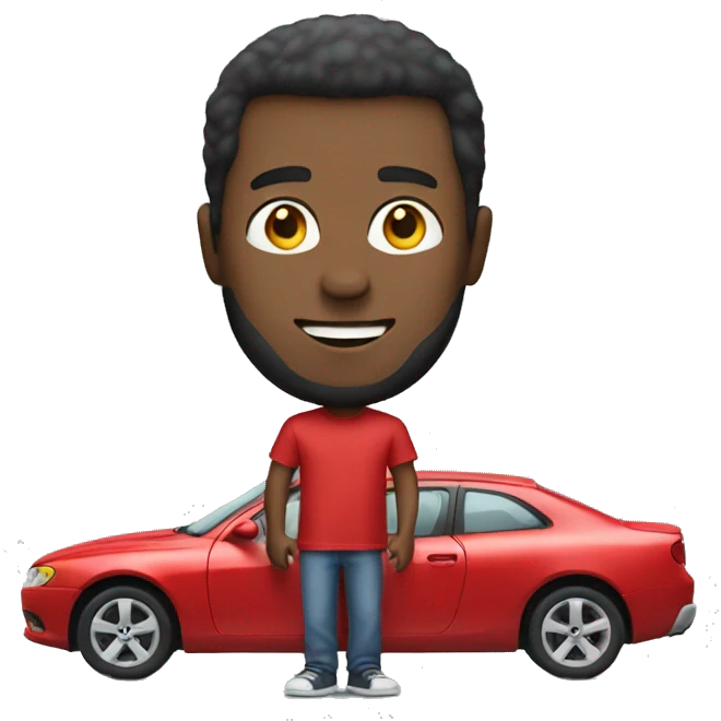 Man wearing a red tshirt holding a car emoji