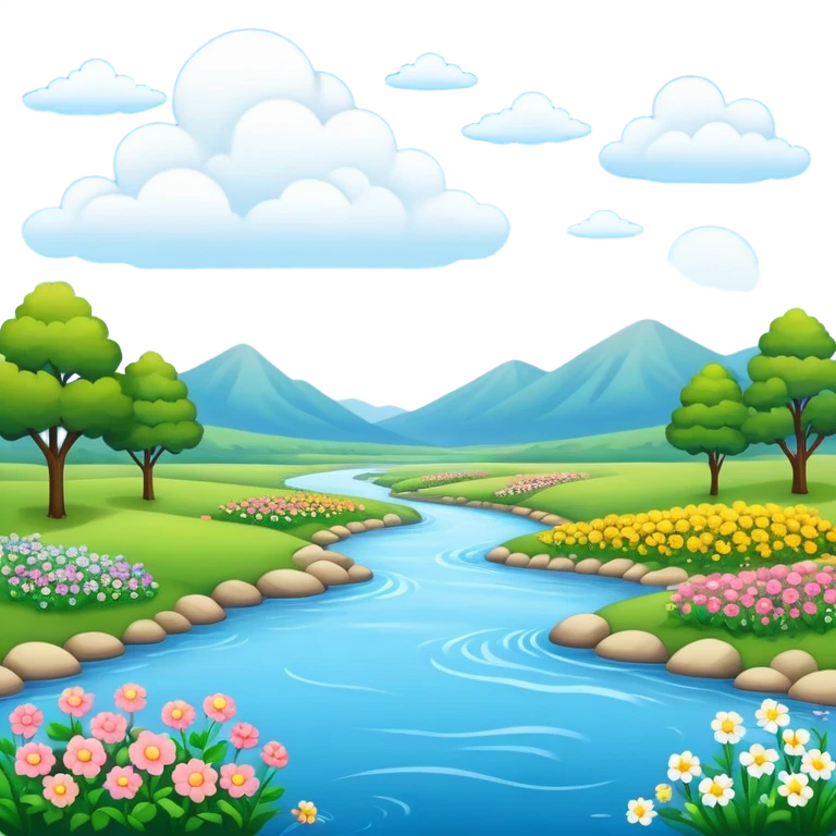 landscape with river, flowers, and clouds emoji