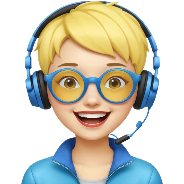 yellow-skinned girl with blue ombre short hair, wearing futuristic glasses and wireless headphones, laughing loudly emoji