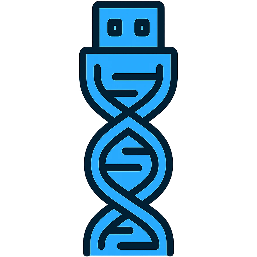 Make the DNA/USB logo icon blue, keep cybernetic and tech-inspired look in color outline style. emoji