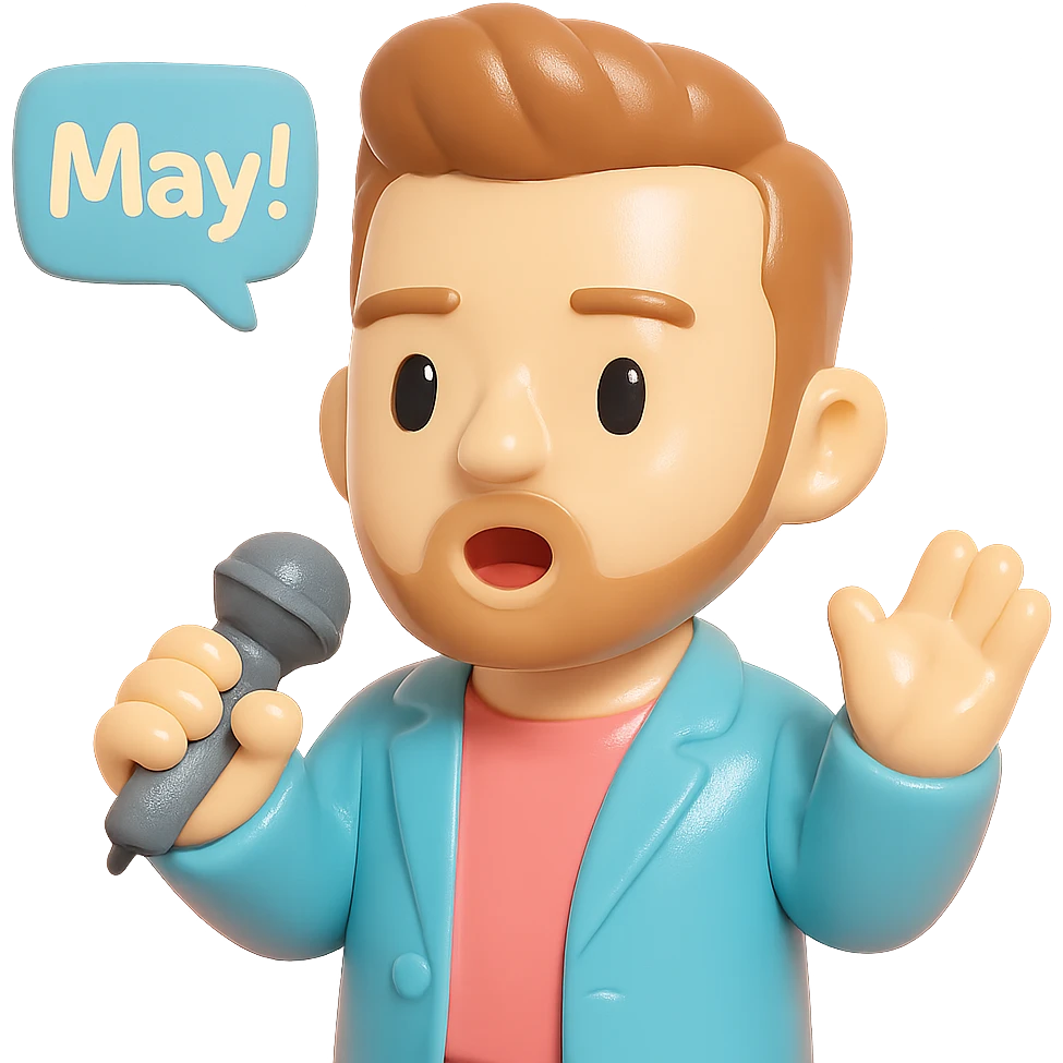 vinyl figure style Justin Timberlake with microphone, saying 'May!', realistic face, glossy finish emoji