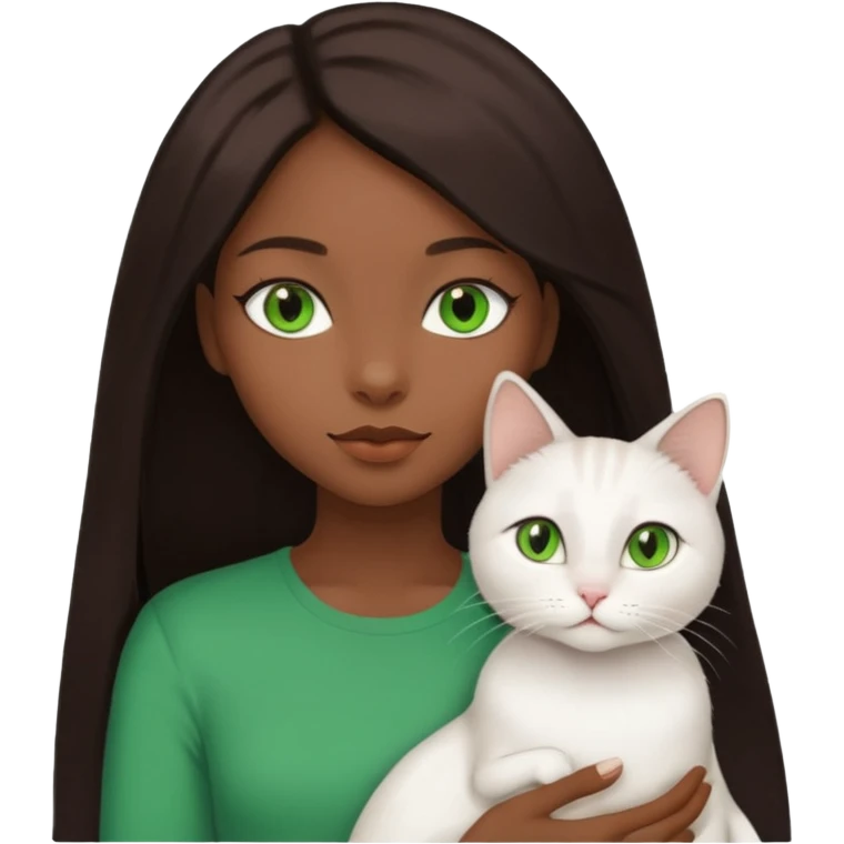 black girl with straight long dark brown hair with a side part holding a female white cat with green eyes emoji