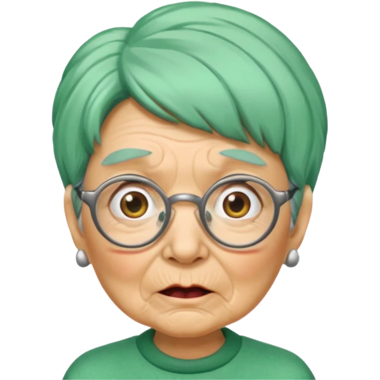 green haired grandma with wrinkles and glassess, surprised emoji