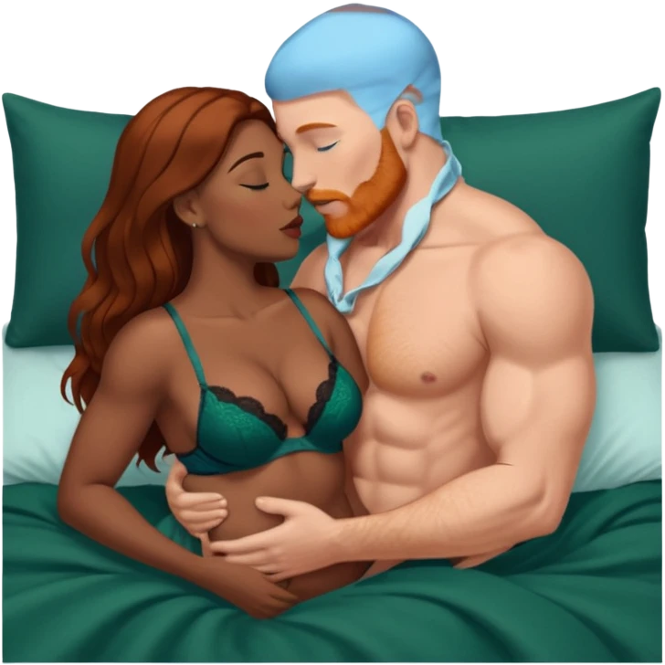 Muscular Bald white male who has a ginger beard & blue eyes, passionately kissing curvy dark brown black woman who has long dark brown hair & dark green lingerie displaying love, making tenderness, physical romance, bonding & affection, caress, sensual touch, in bed for love emoji