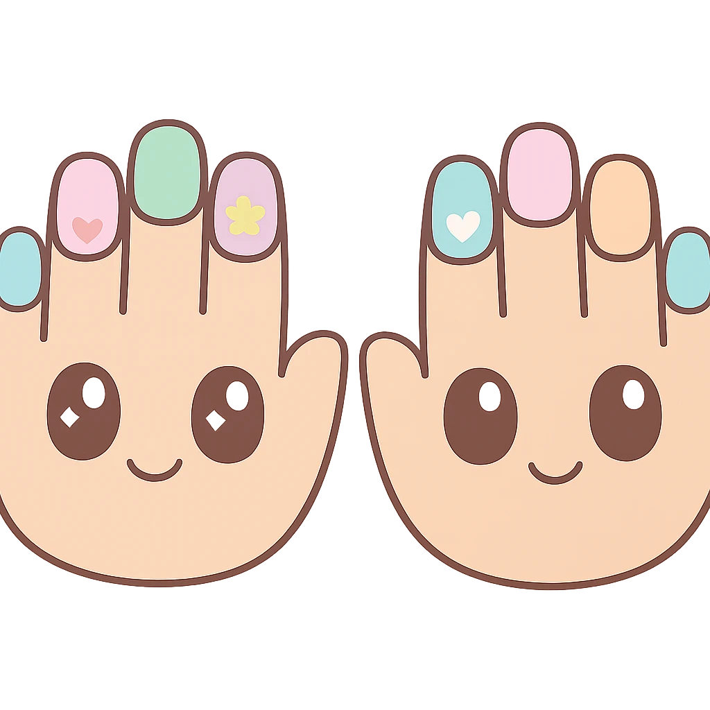 close-up of hands with painted nails, manicure, kawaii cute style emoji