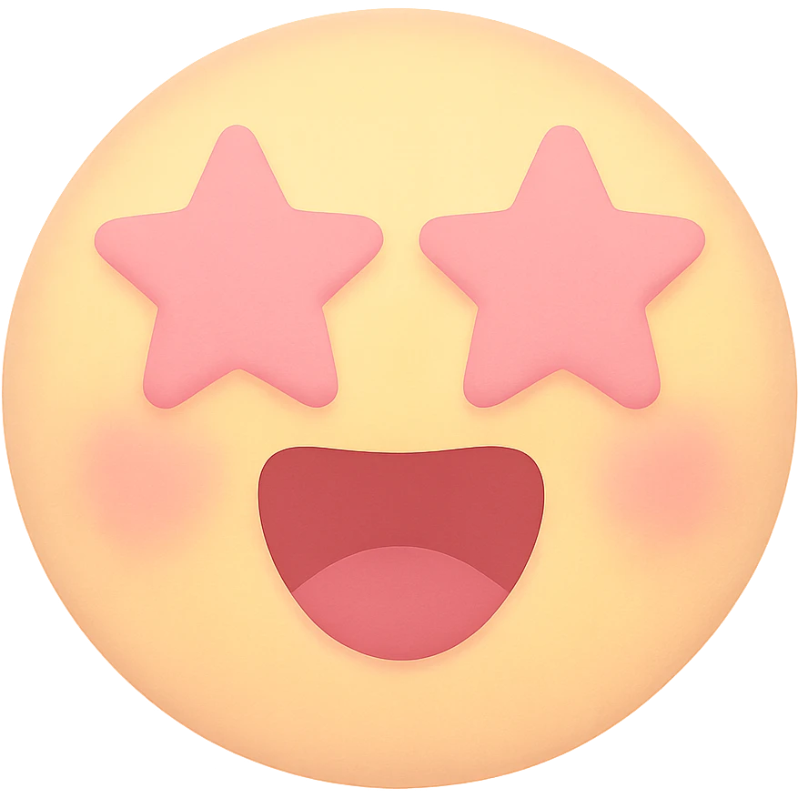 cute emoji, round face, star eyes, open mouth, excited, pastel yellow and pink emoji
