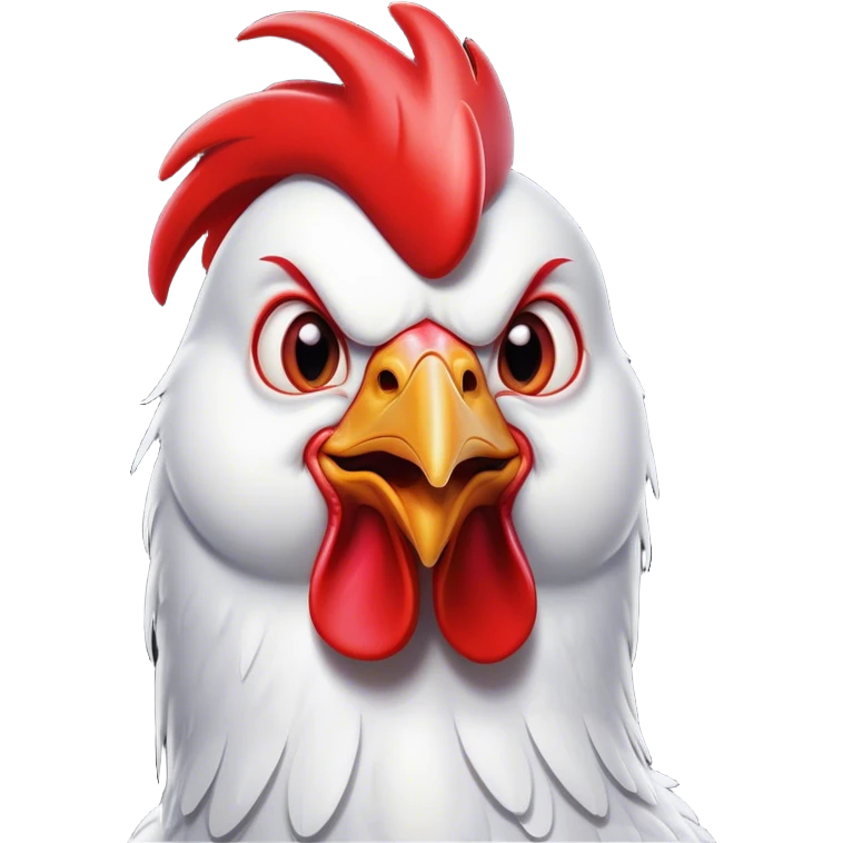 Cinematic Comical White Rooster Portrait Emoji, Head tilted dramatically with an exaggeratedly shocked or amused expression, featuring a striking pure white plumage with a bold red comb, wide, expressive eyes filled with playful disbelief, Simplified yet hilariously expressive features, highly detailed, glowing with a slightly sassy glow, high shine, dramatic yet playful, stylized with an air of cheeky mischief, bright and endearing, soft glowing outline, capturing the essence of a spirited and over-the-top rooster, so meme-worthy it feels like it could crow its way into internet fame instantly! emoji