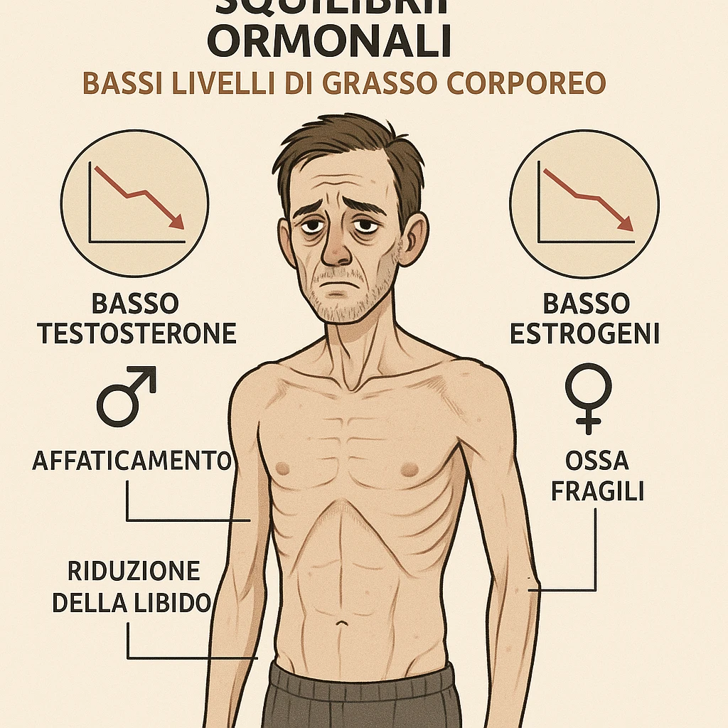 Uomo con squilibri ormonali a causa dei grassi bassi nel corpo e ha testosterone ed estrogeni bassi, in italiano emoji