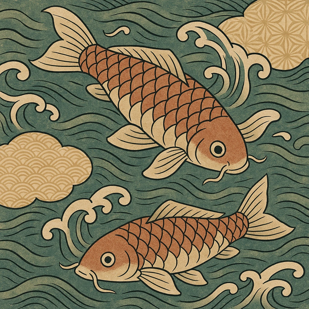 koi fish swimming in water, ukiyo-e style illustration emoji