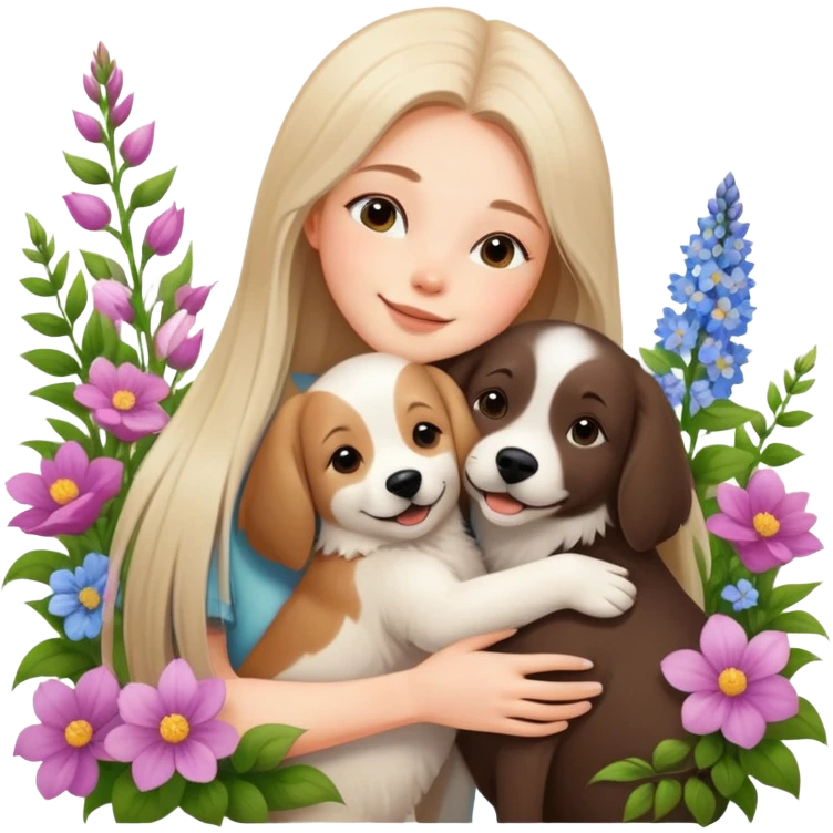 A beautiful girl with long straight hair happily hugs an Alaskan dog in the flowers emoji