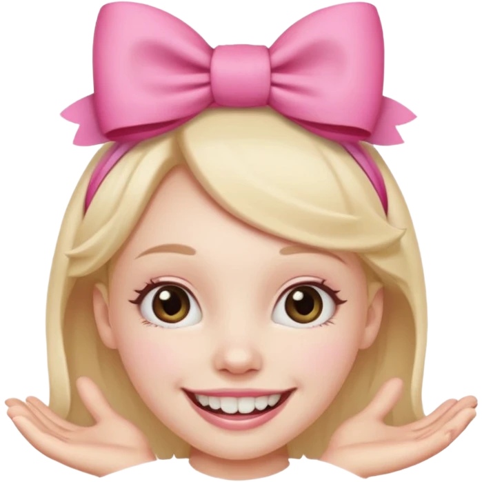 smiling emoji with a pink bow on head and hand placed on the teeth emoji