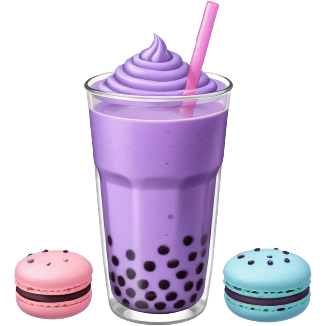 purple boba tea emoji with a macaron on the side, no eyes or face, simple and clean emoji