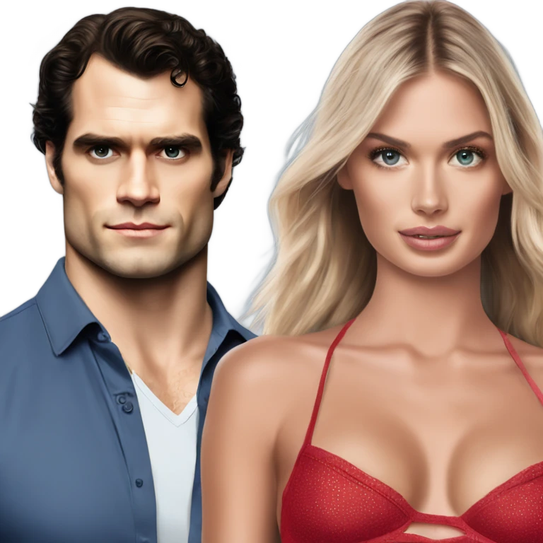 realistic photo of Henry Cavill close under a beautiful  victoria secret model  emoji