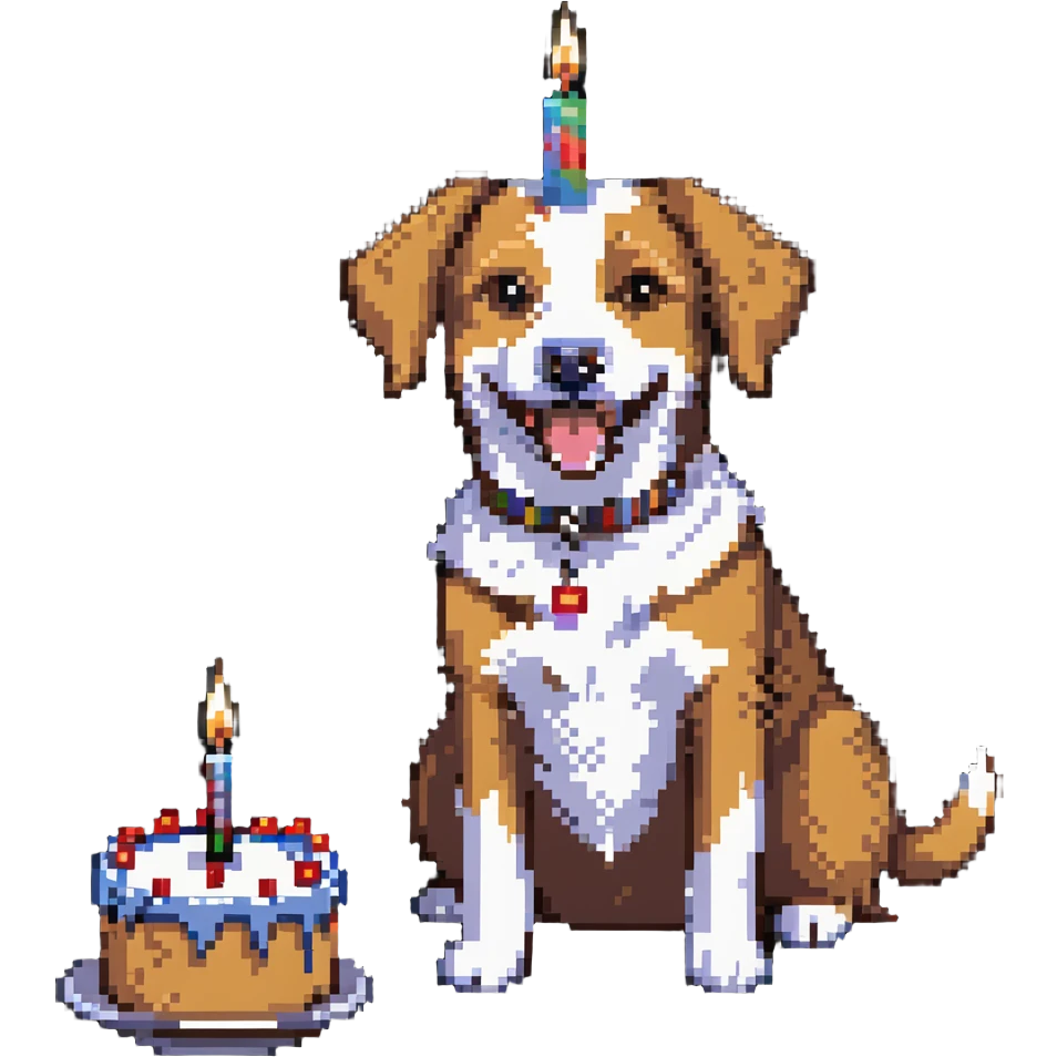 happy dog with candle-lit birthday cake emoji
