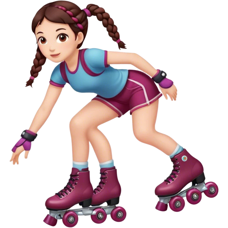Cute girl, brunette with two braids, burgundy rollerskates emoji