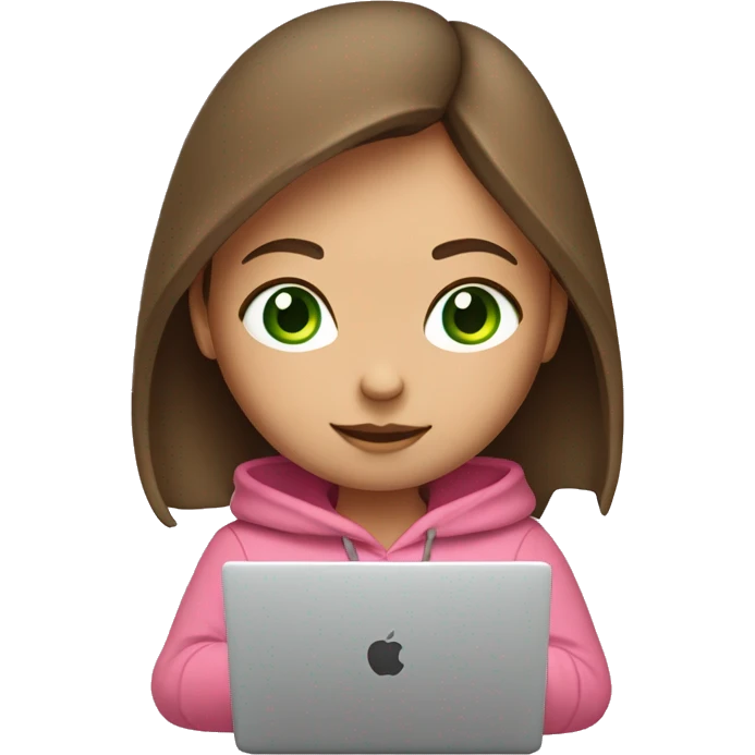 A girl with brown long hair, fair skin and green eyes, working at a modern laptop in a plain pink hoodie emoji