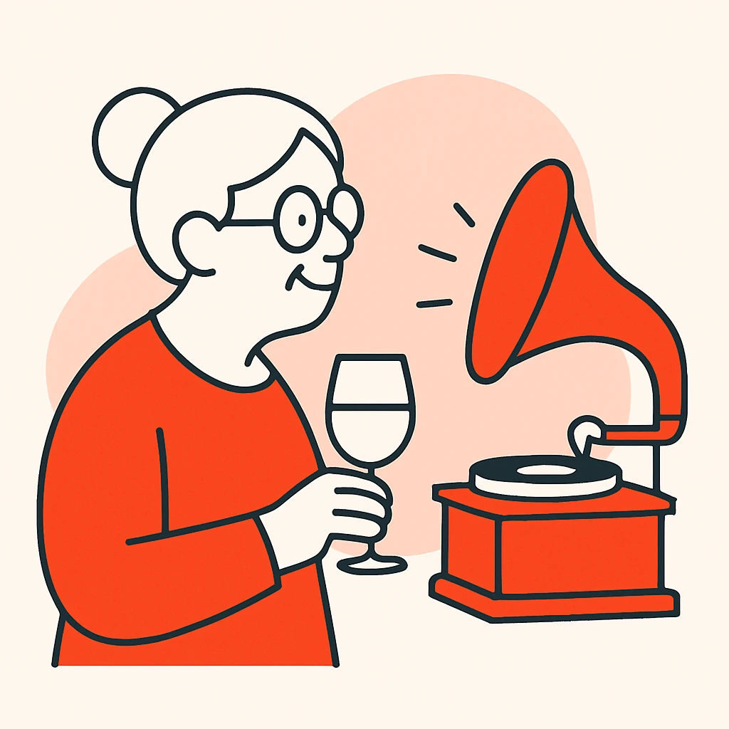 old lady with wineglass listening to gramophone emoji