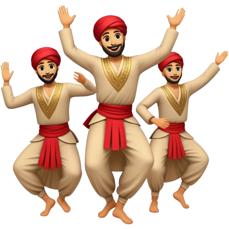 Cinematic Realistic Dabke Dance Emoji, depicted as an energetic traditional Lebanese folk dance with vibrant costumes and rhythmic movements, rendered with dynamic textures and festive natural lighting that captures its communal joy. emoji