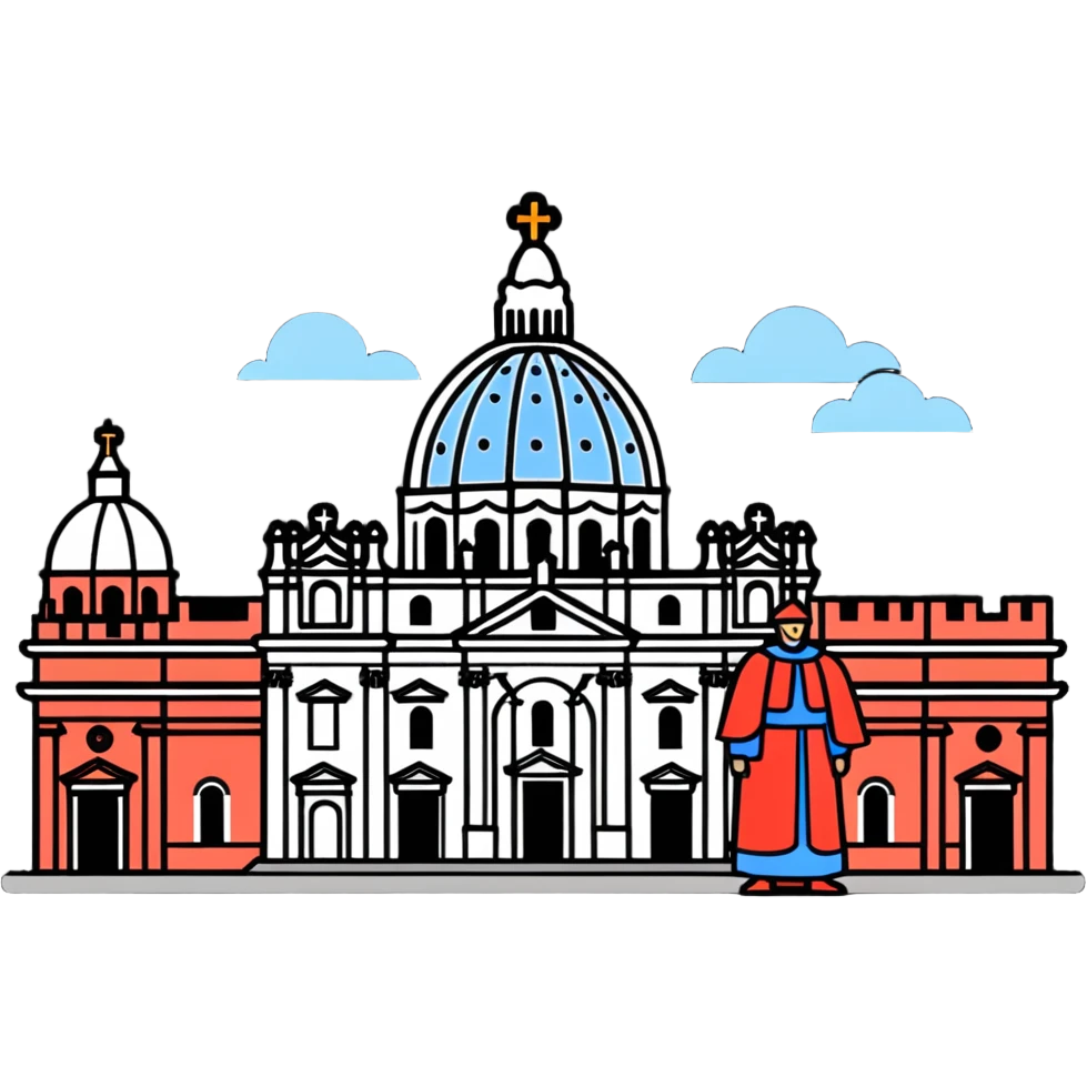 A solemn papal funeral scene with St. Peter's Basilica, Swiss Guards, and mourning cardinals emoji