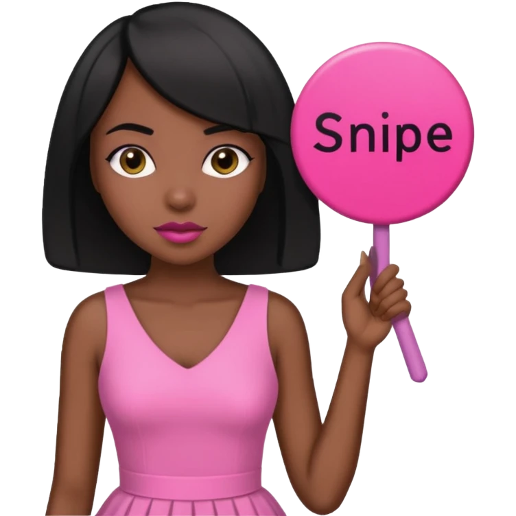 Dark skin woman with black bob in hair holding sign that says snipe  wearing pink dress  pink sign  emoji
