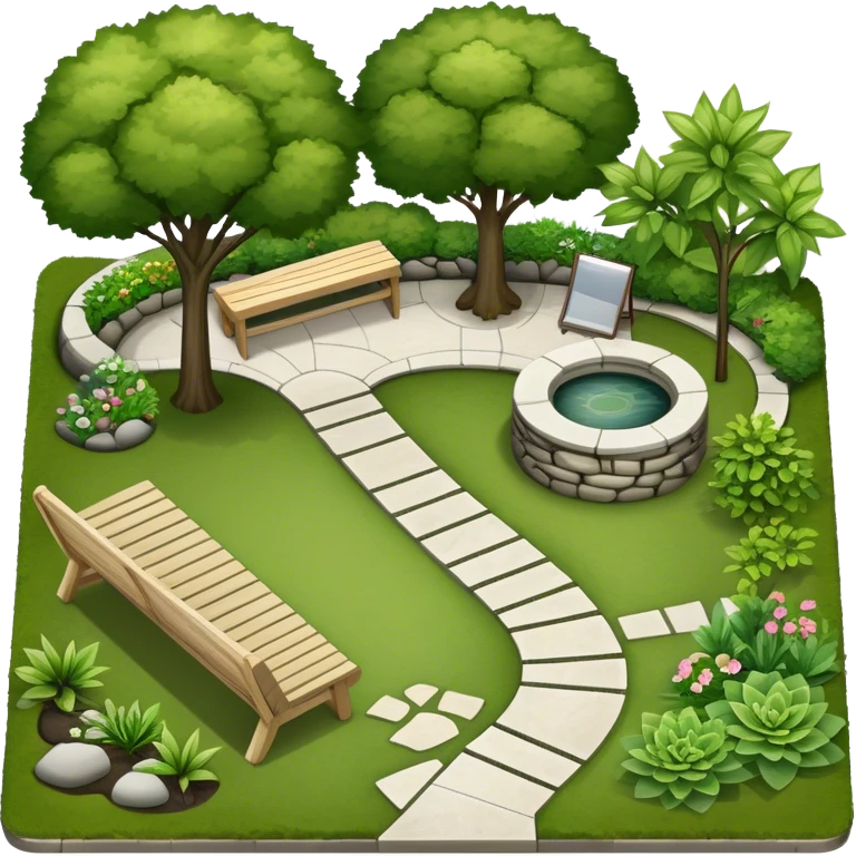 Icon for Landscape Design: a garden layout with trees, plants, pathways, and outdoor furniture, along with design tools like a ruler and sketchpad. The icon should represent the creativity and planning behind landscape design. Transparent background. emoji