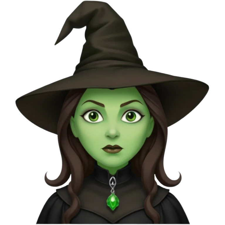 Wicked Witch of the West from the Wizard of Oz with green skin and eyes, brown long hair, black outfit emoji
