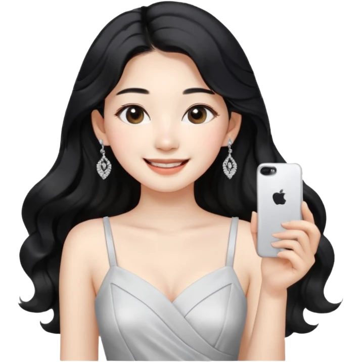 Korean 24-year-old female online shopping mall seller / white face / earrings / smiling expression / long wavy hair / influencer vibe / fashionable / black hair / silver earrings / white dress emoji