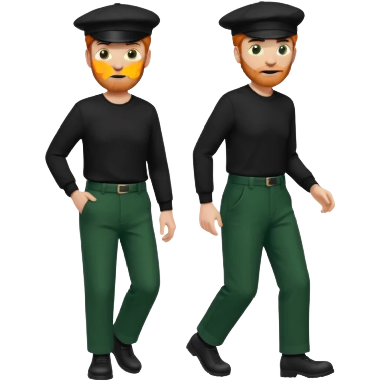 גבר זקן ג'ינג'י מלא כובע שחור הפוך חולמה שחורה ומכנסיים ירוקות ארוכות מבצע צעידה במקום  emoji