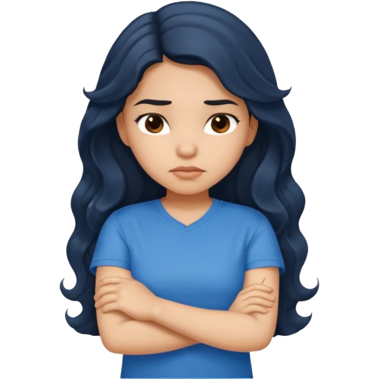 Hispanic girl with long dark wavy hair crossing her arms and slightly pouting emoji