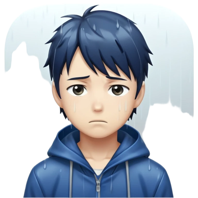 Anime character boy with sad expression standing in the rain, anime art style emoji
