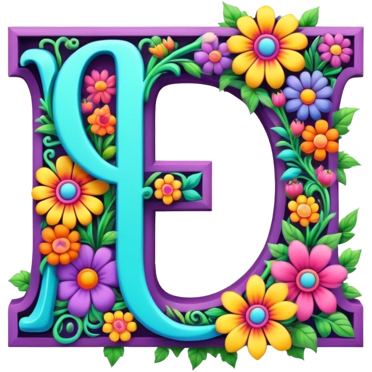 3D, gothic style psychedelic colored capital Letter P with hippie style flower border emoji
