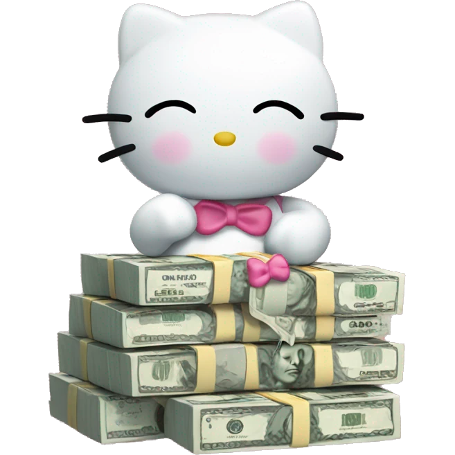 Hello kitty holding a stack of cash with eyes closed emoji