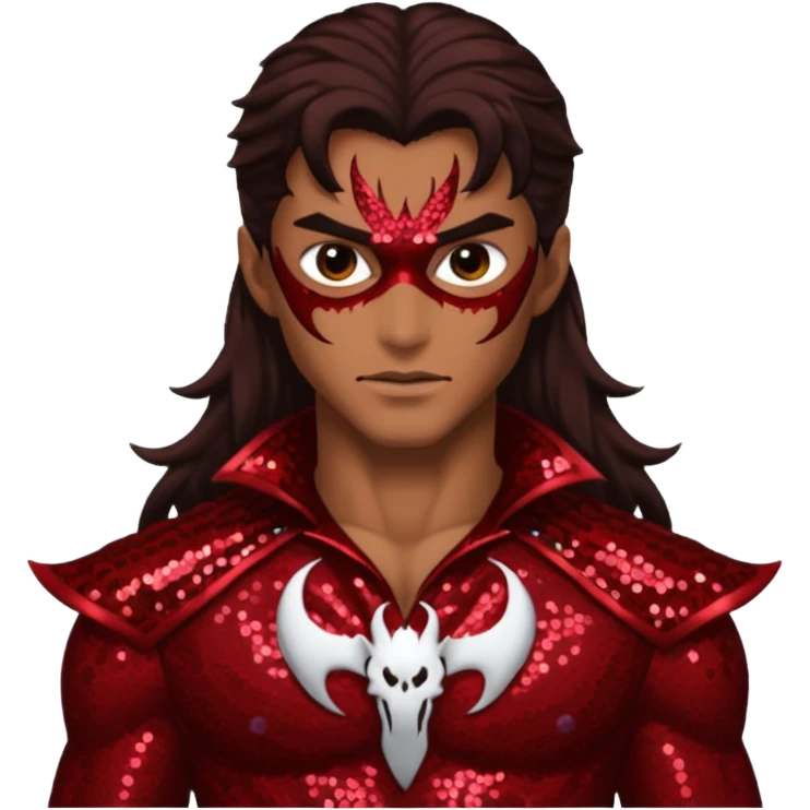 Samael, Venom of God from Gods and Goddesses with tan skin, long dark brown hair, dark red sequin outfit emoji