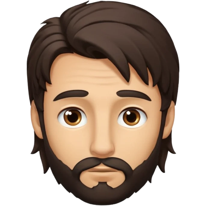 Handsome white man with big brown eyes long nose and dark brown messy hair cover his forhead and hair coming in eyes very small beard emoji