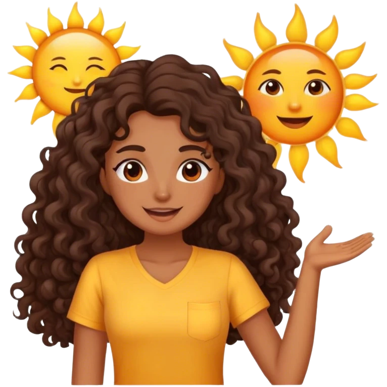 Brown woman with dark brown long curly hair saying good morning with the sun and yellow shirt  emoji