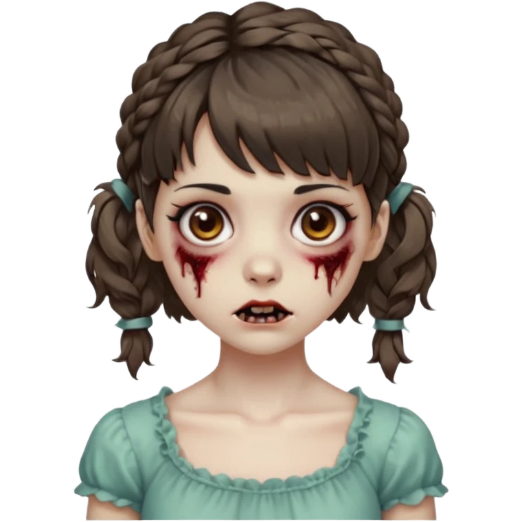 Cabelo ondulado  um pouco cheio e franja curta  Olhos marrons e pequenos e feita d ezumbi mais bonita com cabelo amarro na e com as mãos assim tipo assim🧟‍♀️ emoji