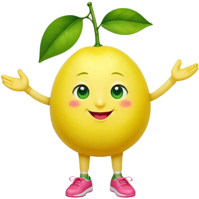 The character is a bright yellow lemon with a round, plump body that serves as both its torso and head. It has a small green sprout with a single leaf growing from the top of its head, giving it a fresh, lively appearance. The lemon has large, expressive green eyes, a small triangular nose, and a friendly smile with red lips.

Its arms are outstretched in a welcoming gesture, with five-fingered yellow hands. The character is wearing loose green shorts and oversized pink shoes, which add to its whimsical and playful charm. The legs are short and simple, with no visible knees, adding to its cartoonish proportions. emoji