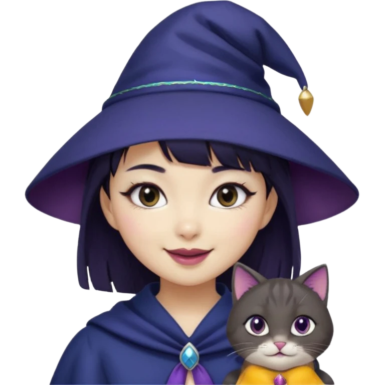 An Asian short-haired girl with short raven hair and bangs, with heterochromia eyes(her left eye is silver coloured and her right eye is dark brown coloured), cat-eyed eyeliner, and laughs with a tiny fang of mauve-toned lipstick, wears a dark navy wizard hat with an emblem on it. emoji