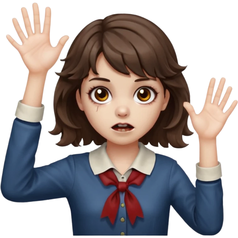 Cabelo ondulado  um pouco cheio e franja curta  Olhos marrons e pequenos e feita d ezumbi mais bonita com cabelo amarro na e com as mãos assim tipo assim🧟‍♀️ emoji