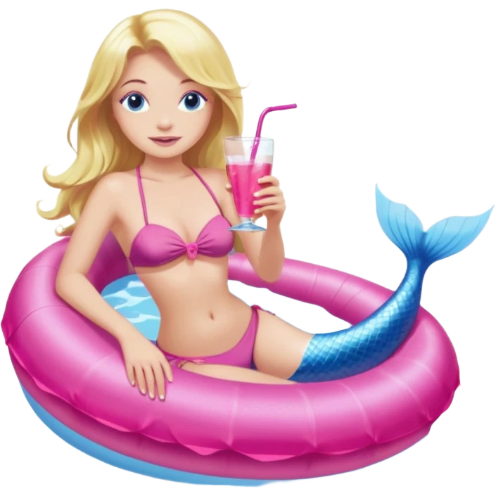 woman who is a mermaid with blonde hair and blue eyes sitting in a pink pool tube in a blue pool sipping a drink wearing a pink bikini top and a pink mermaid tail  emoji