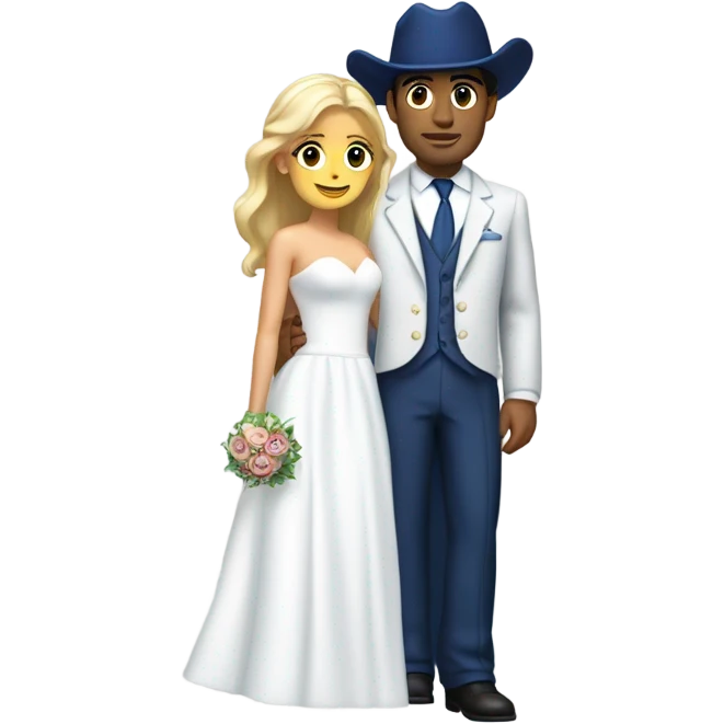 Puerto rican beard short hair with blue hat and navy blue suit getting Married with blond long hair girl with white  wedding dress  emoji