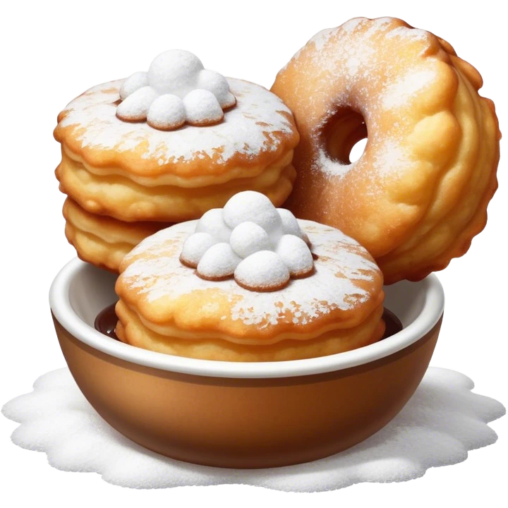 Buñuelo Cinematic Realistic Buñuelo Dessert Emoji, depicted as perfectly round, fluffy fritters served in a small bowl with a dusting of powdered sugar, rendered with vibrant textures and warm, inviting lighting. emoji