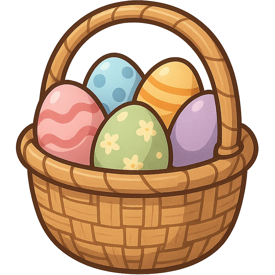 一个竹子编的篮子，篮子里面装着许多复活节的复活蛋 emoji